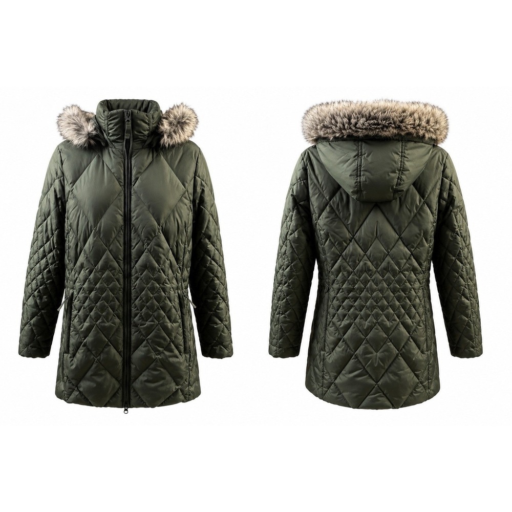 Eddie Bauer Down Parka Womens M Olive Green Hue Quilted Faux Fur Detachable Hood